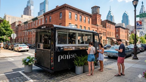 Pause Cafe coffee cart serving customers in Philadelphia